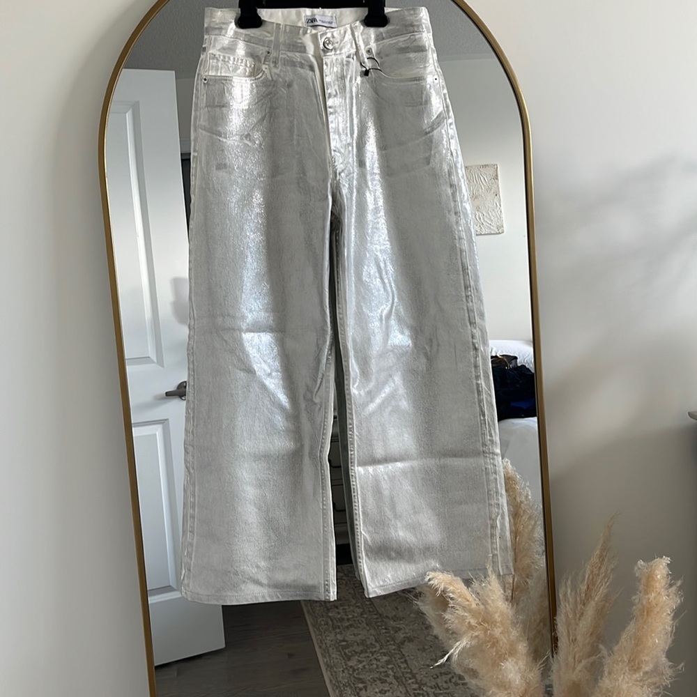 Zara NWT Silver Metallic Jeans